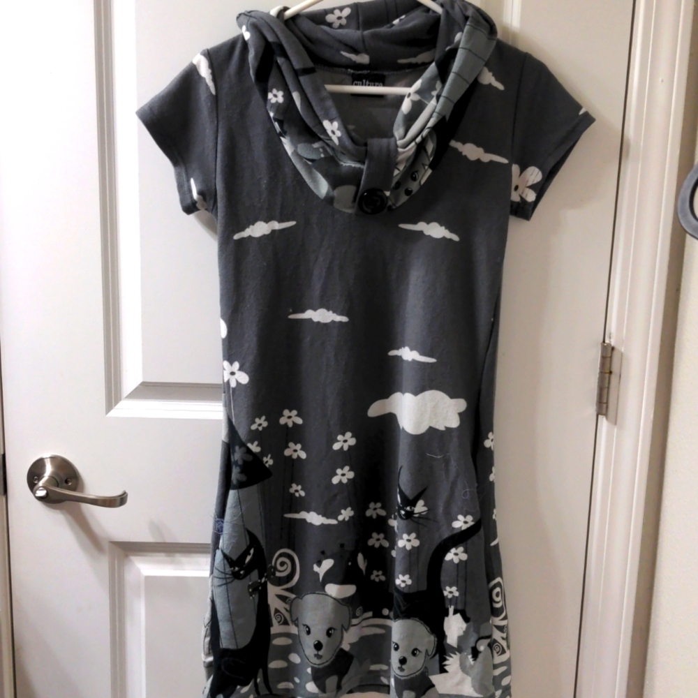 Greyscale Warm Cowl Neck Puppies & Kitties Women's Medium T-Shirt Pockets Dress